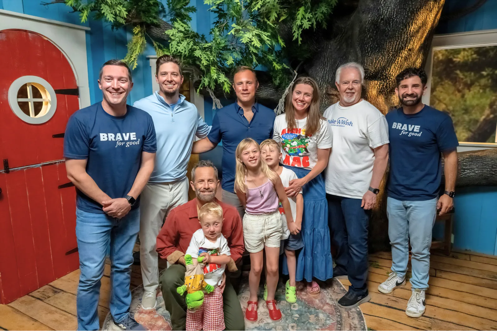 The Brave for Good team with Kirk Cameron, the Make-A-Wish family, and Make-A-Wish staff on the treehouse set