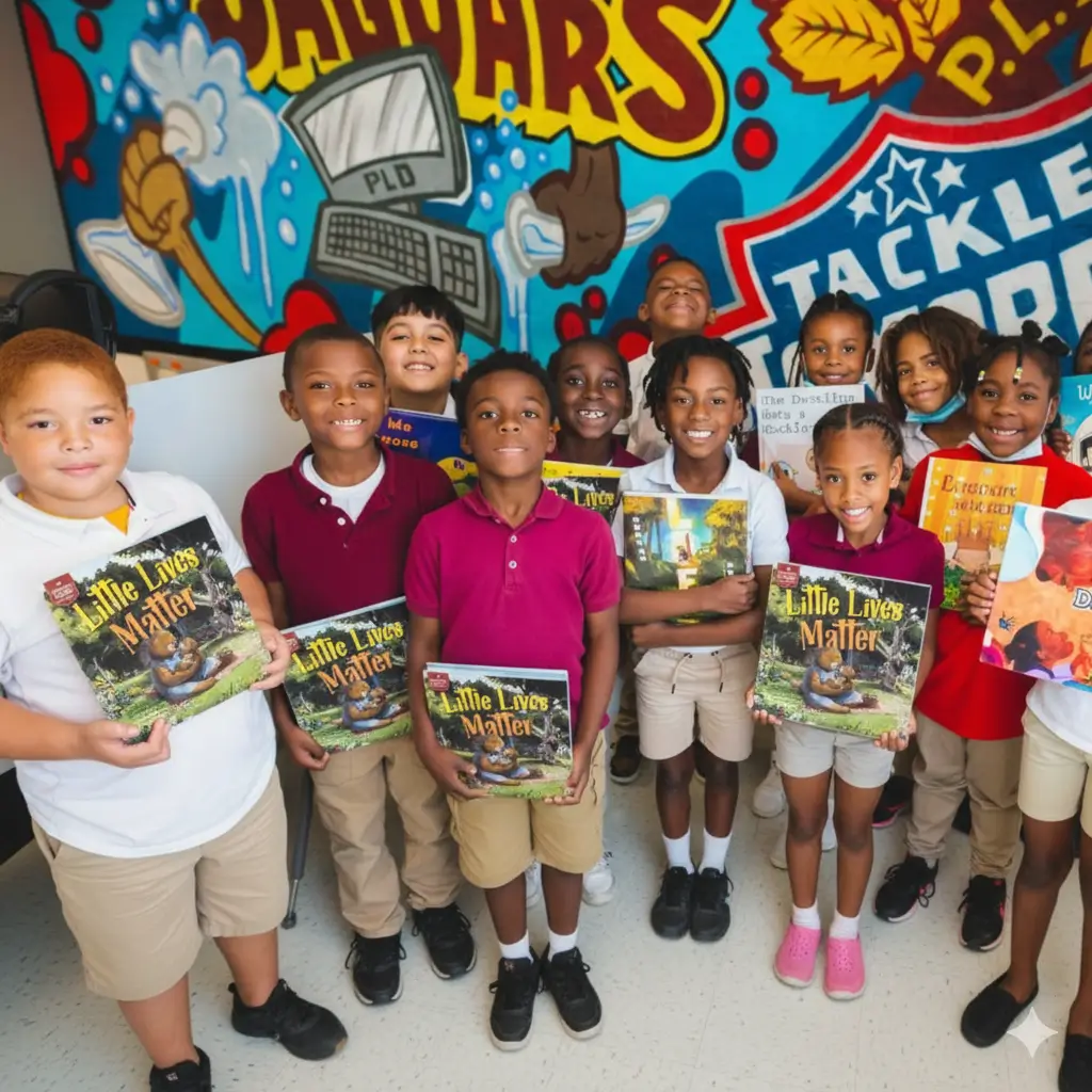 Students holding their donated BRAVE Books at a Tackle Tomorrow inner city literacy program